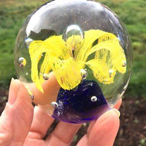 * Clear Paperweight w/ yellow orchid  & bubble stamen